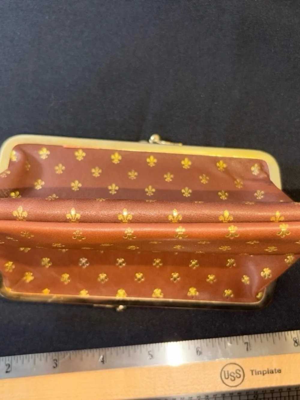 Vintage Arte Fiorentina Coin Purse Brown Gold Fleur-de-Lis Kiss Lock Small EUC